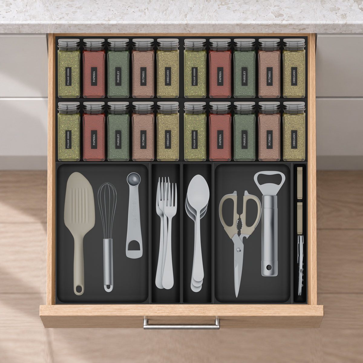 Spice & Cutlery Drawer Organiser Set in Charcoal Black, fitted in an oak drawer under neutral white light. Nominal layout 472 × 501.5 mm. Accessories shown are not included.