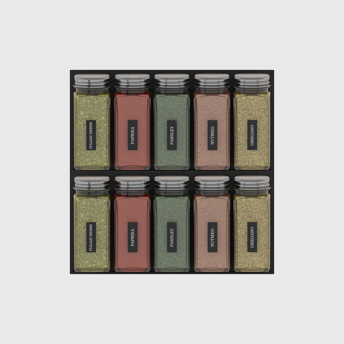 Charcoal Black two-rack spice drawer organiser on a nominal 236 × 236 mm grid; jars shown for illustration
