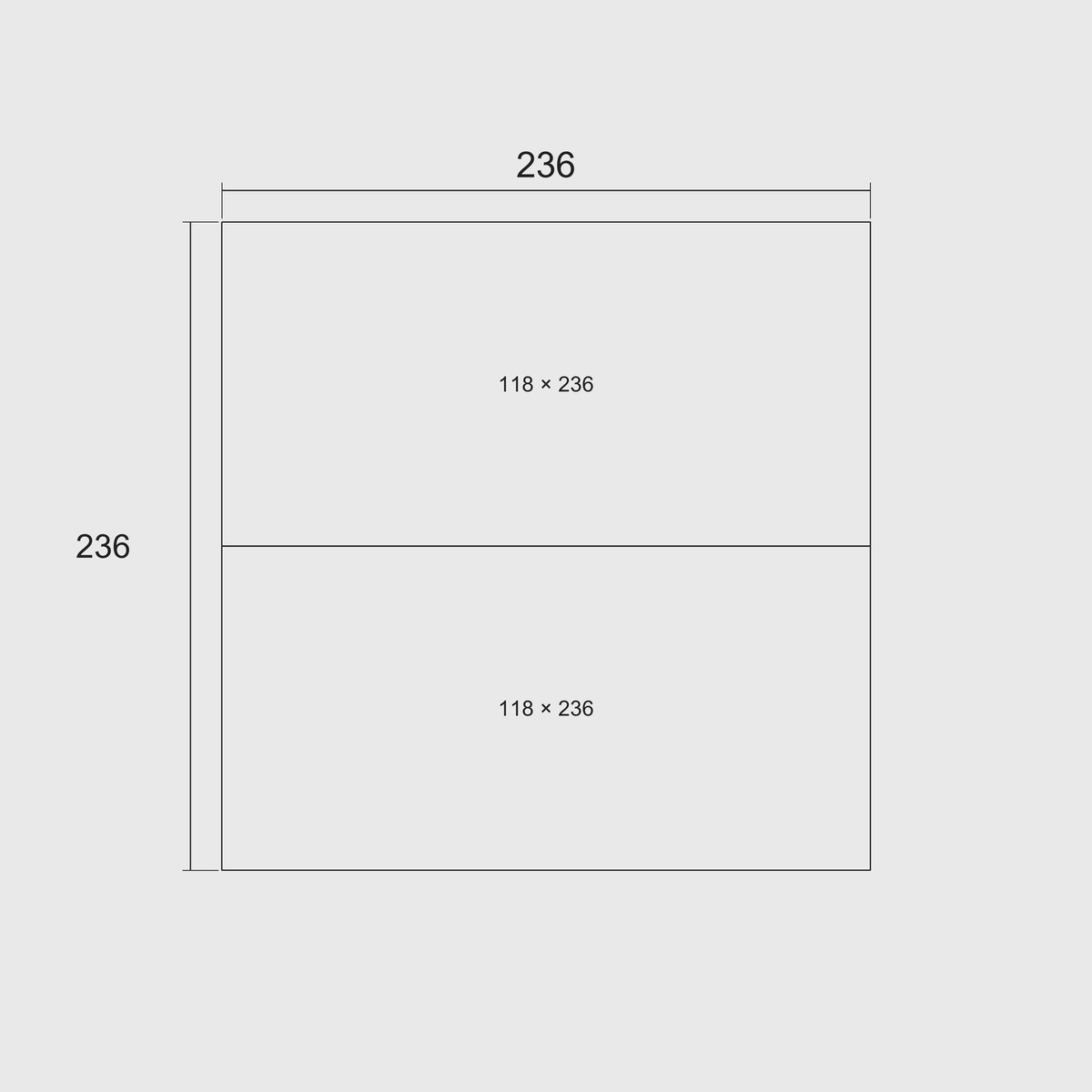 Plain diagram of two whole 118 × 236 mm racks showing nominal grid length × width in millimetres; overall 236 × 236 mm