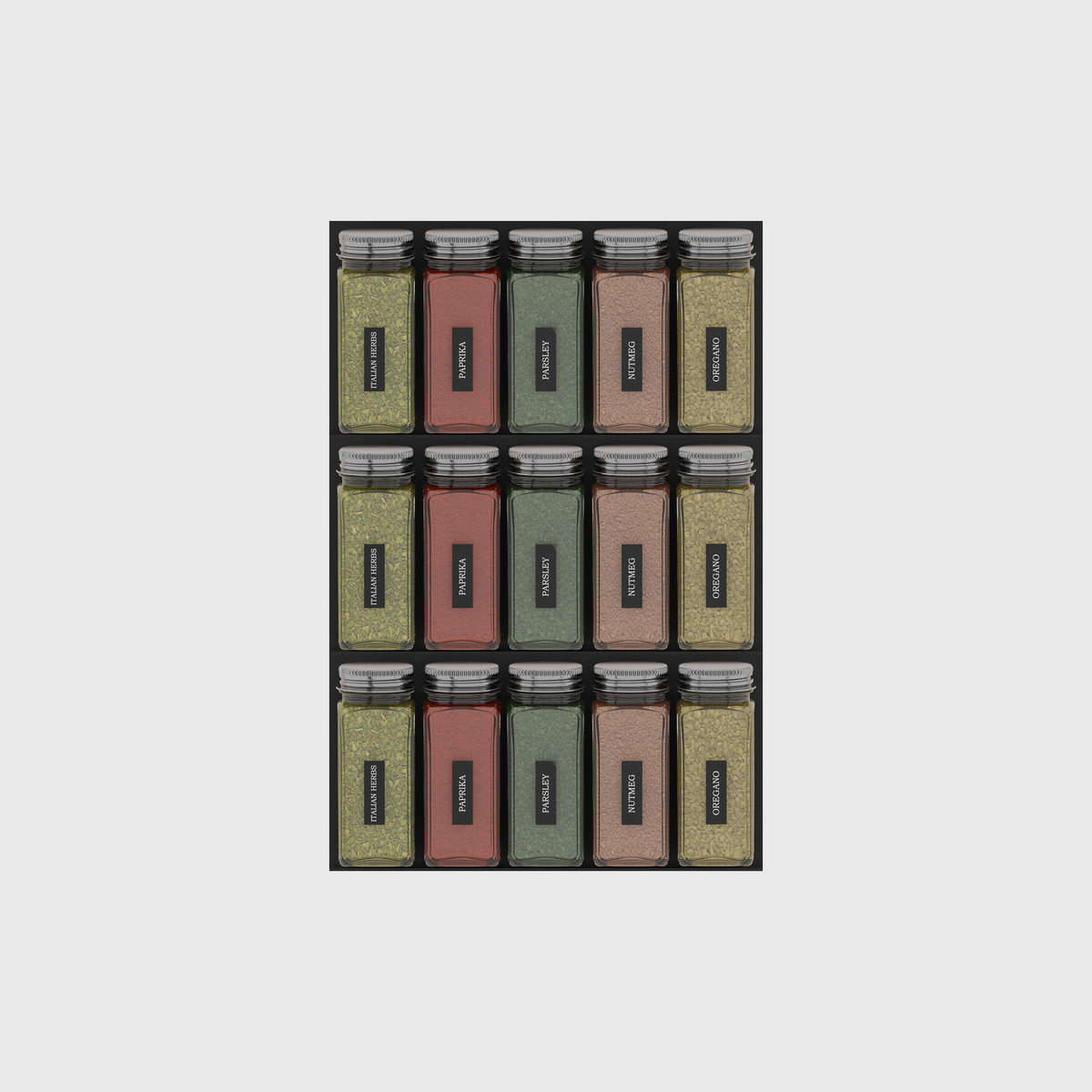 Charcoal Black three-rack spice drawer organiser on a nominal 354 × 236 mm grid; jars shown for illustration