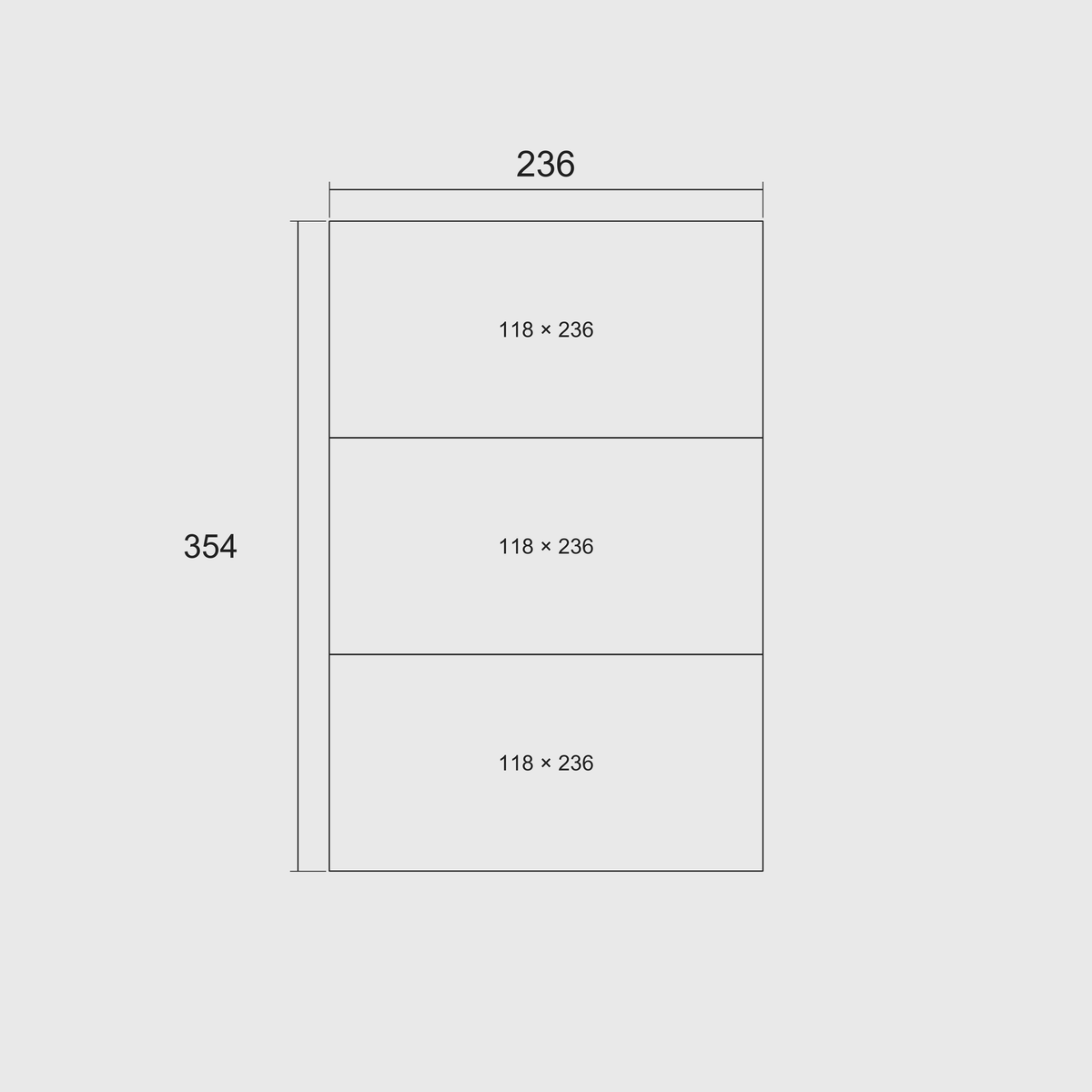 Plain diagram of three whole 118 × 236 mm racks showing nominal grid length × width in millimetres; overall 354 × 236 mm