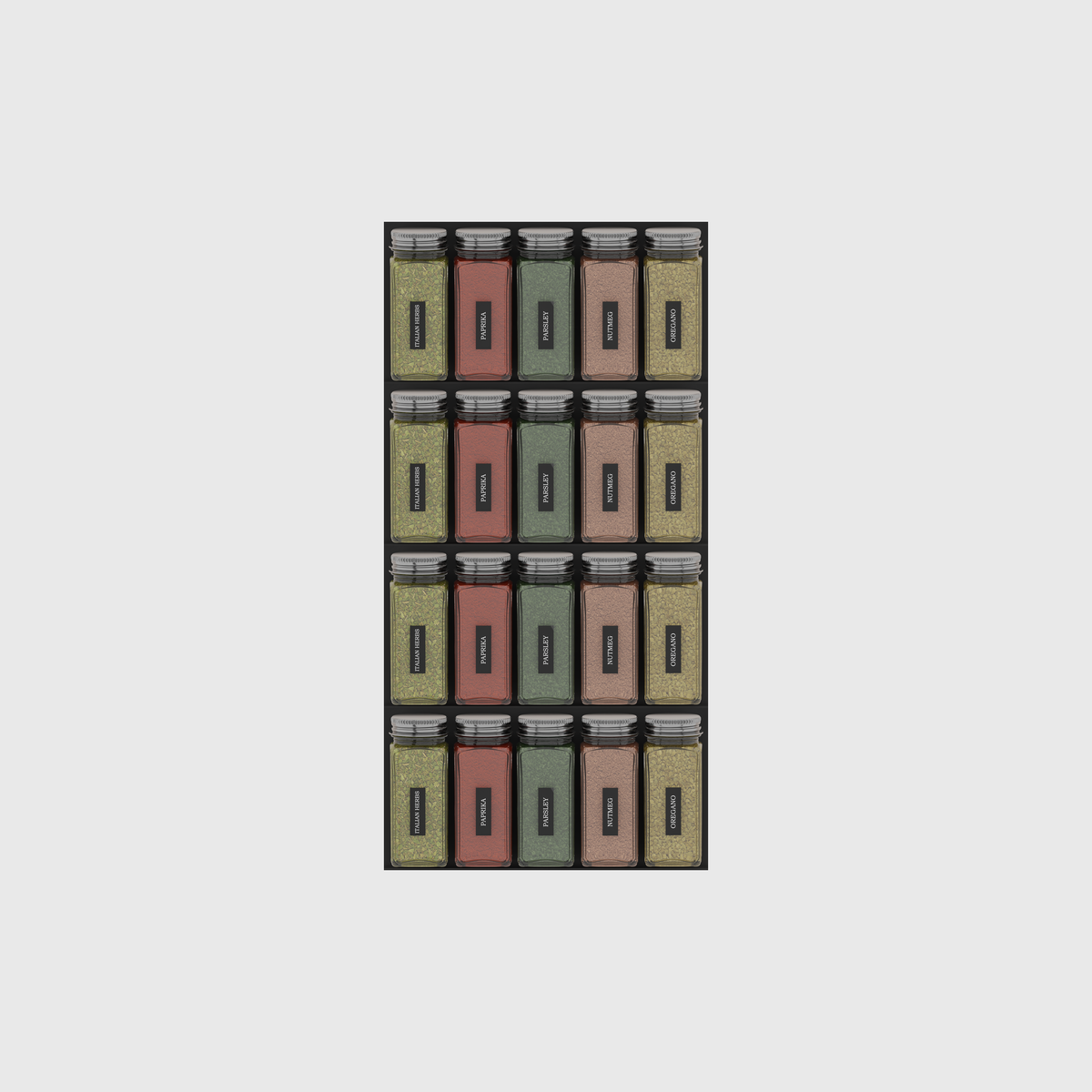 Charcoal Black four-rack spice drawer organiser on a nominal 472 × 236 mm grid; jars shown for illustration