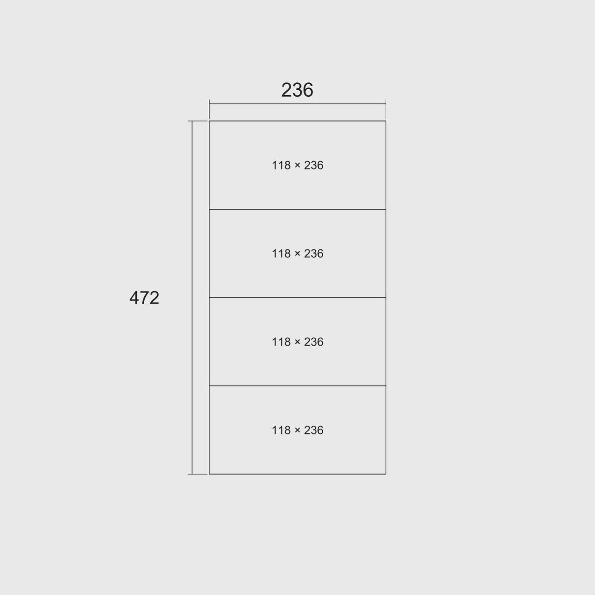 Plain diagram of four whole 118 × 236 mm racks showing nominal grid length × width in millimetres; overall 472 × 236 mm
