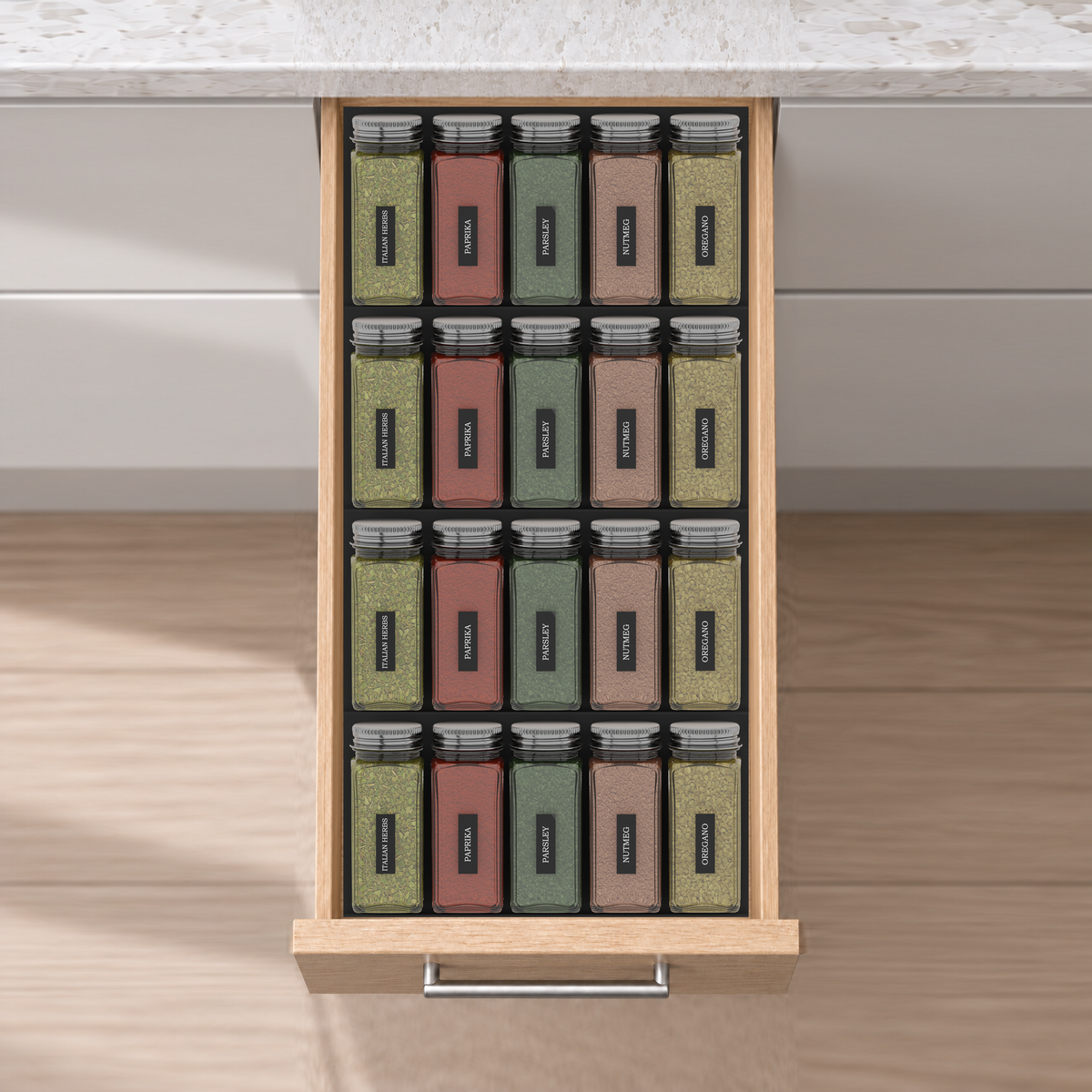 Four-Row Spice Drawer Organiser Set in Charcoal Black, fitted in an oak drawer under neutral white light. Nominal layout 472 × 236 mm. Accessories shown are not included.