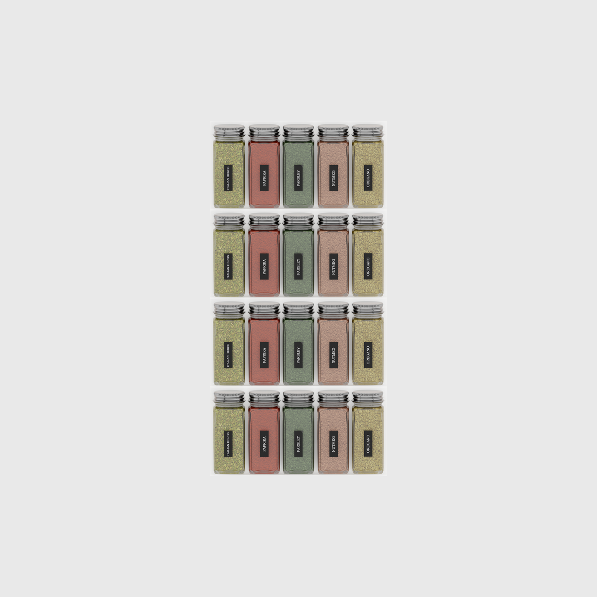Cotton White four-rack spice drawer organiser on a nominal 472 × 236 mm grid; jars shown for illustration