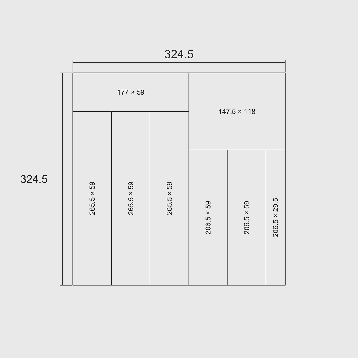 Square Kitchen Drawer Organiser Set – 324.5 × 324.5 mm — Charcoal Black nominal whole-module grid dimensions; dimensions in millimetres on a 29.5 mm grid