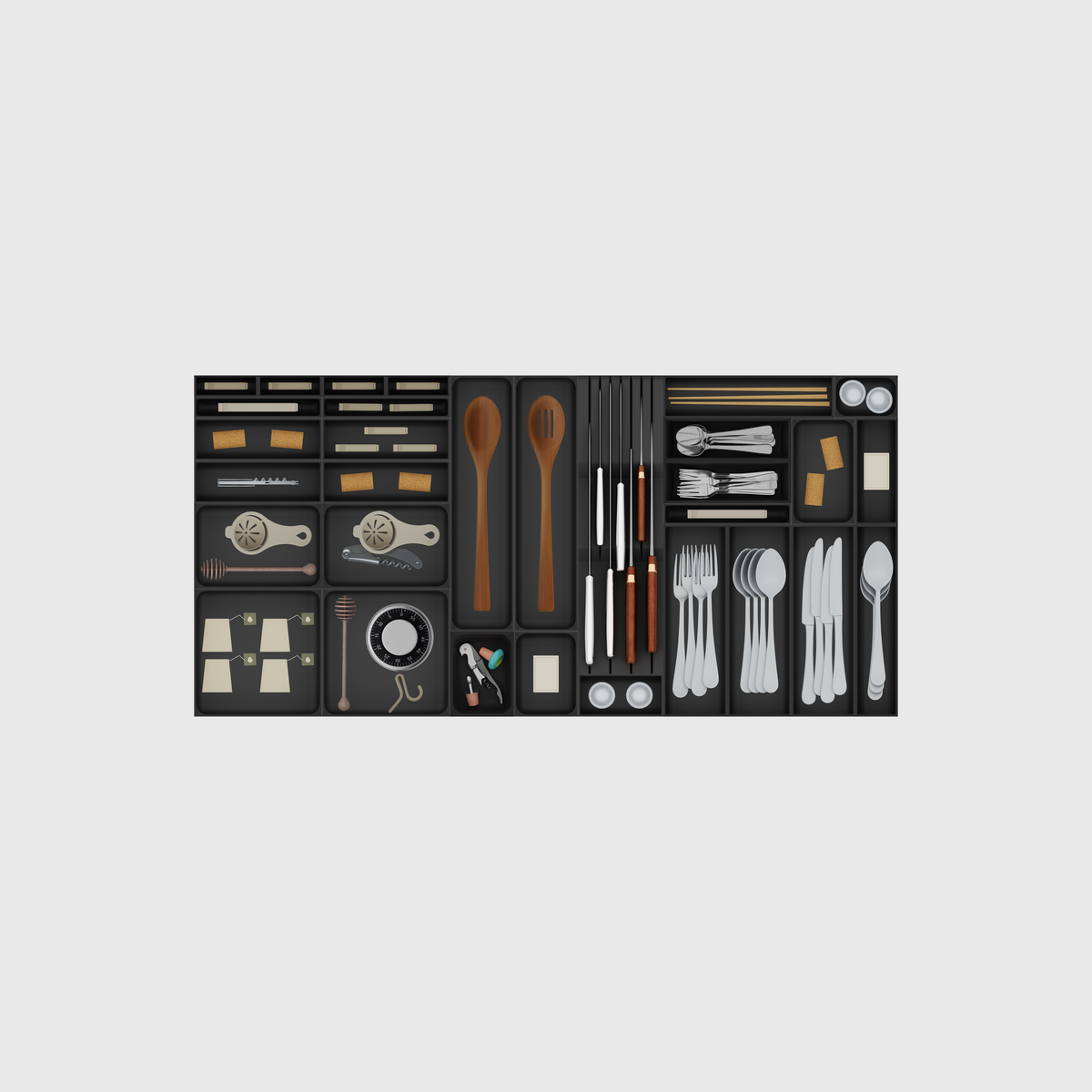 Wide Cutlery & Chef Knives in Charcoal Black, 973.5 mm wide × 472 mm deep. Utensils shown are illustrative and not included.