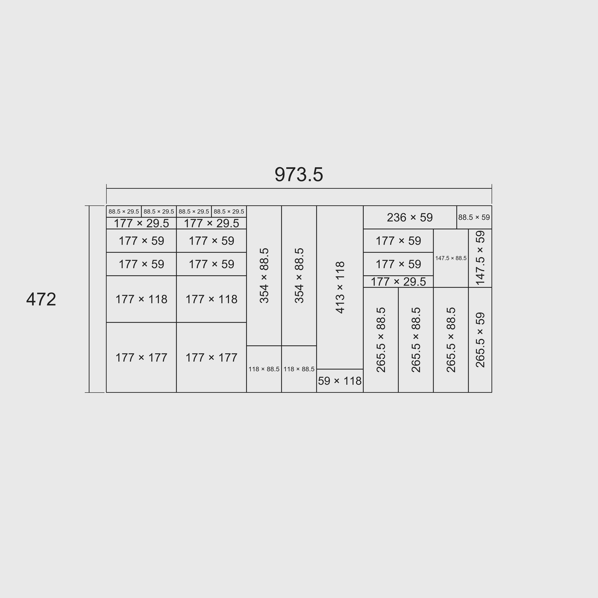 Nominal grid-footprint diagram for Wide Cutlery & Chef Knives: overall 973.5 mm width × 472 mm length, with each whole module’s length × width in millimetres on the 29.5 mm grid.
