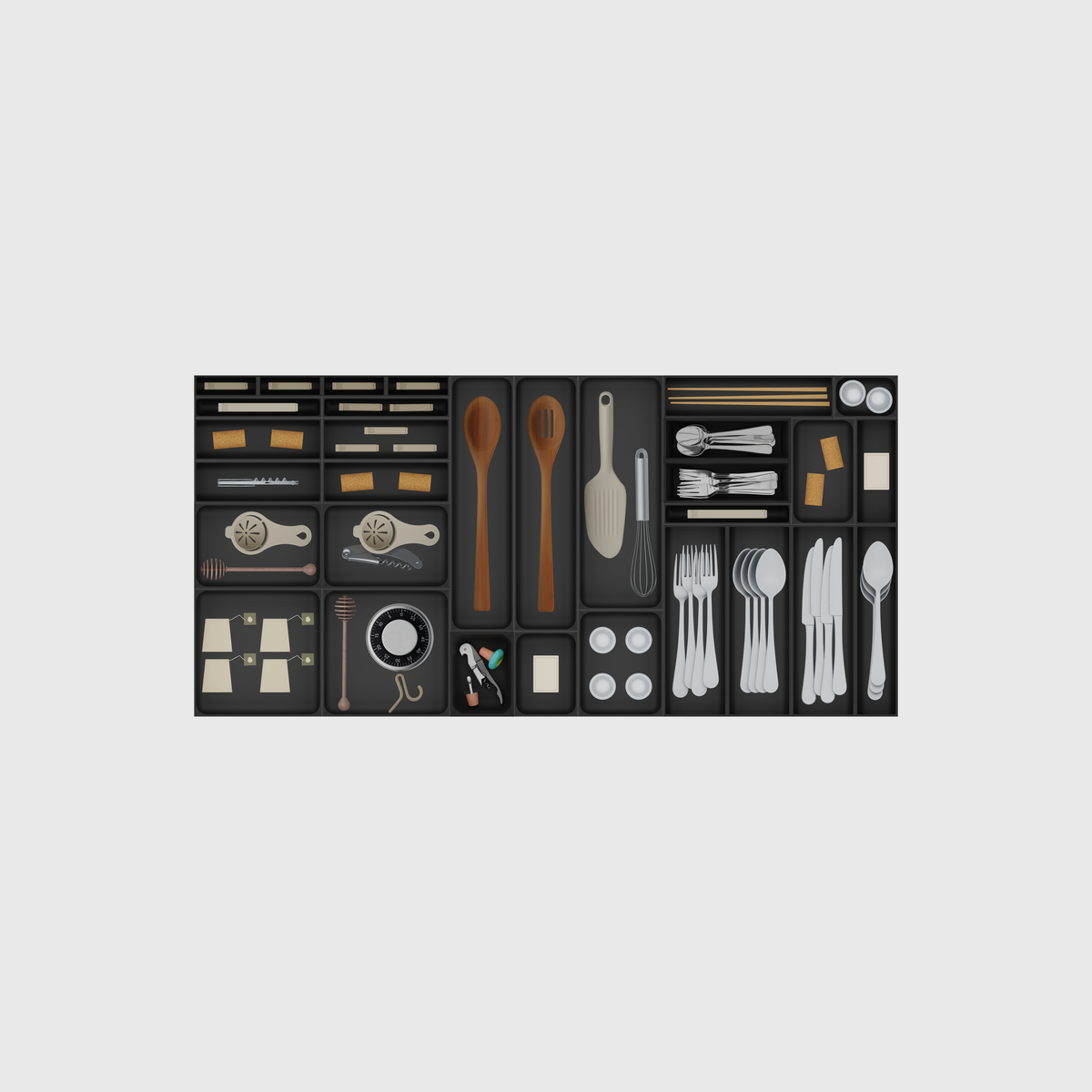 Wide Cutlery & Kitchen Tools in Charcoal Black, 973.5 mm wide × 472 mm deep. Utensils shown are illustrative and not included.
