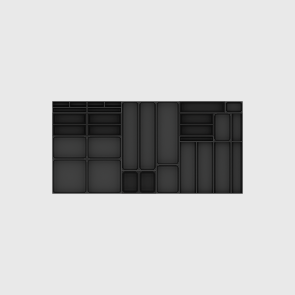 Empty Wide Cutlery & Kitchen Tools layout in Charcoal Black, 973.5 mm wide × 472 mm deep, showing the organiser modules.