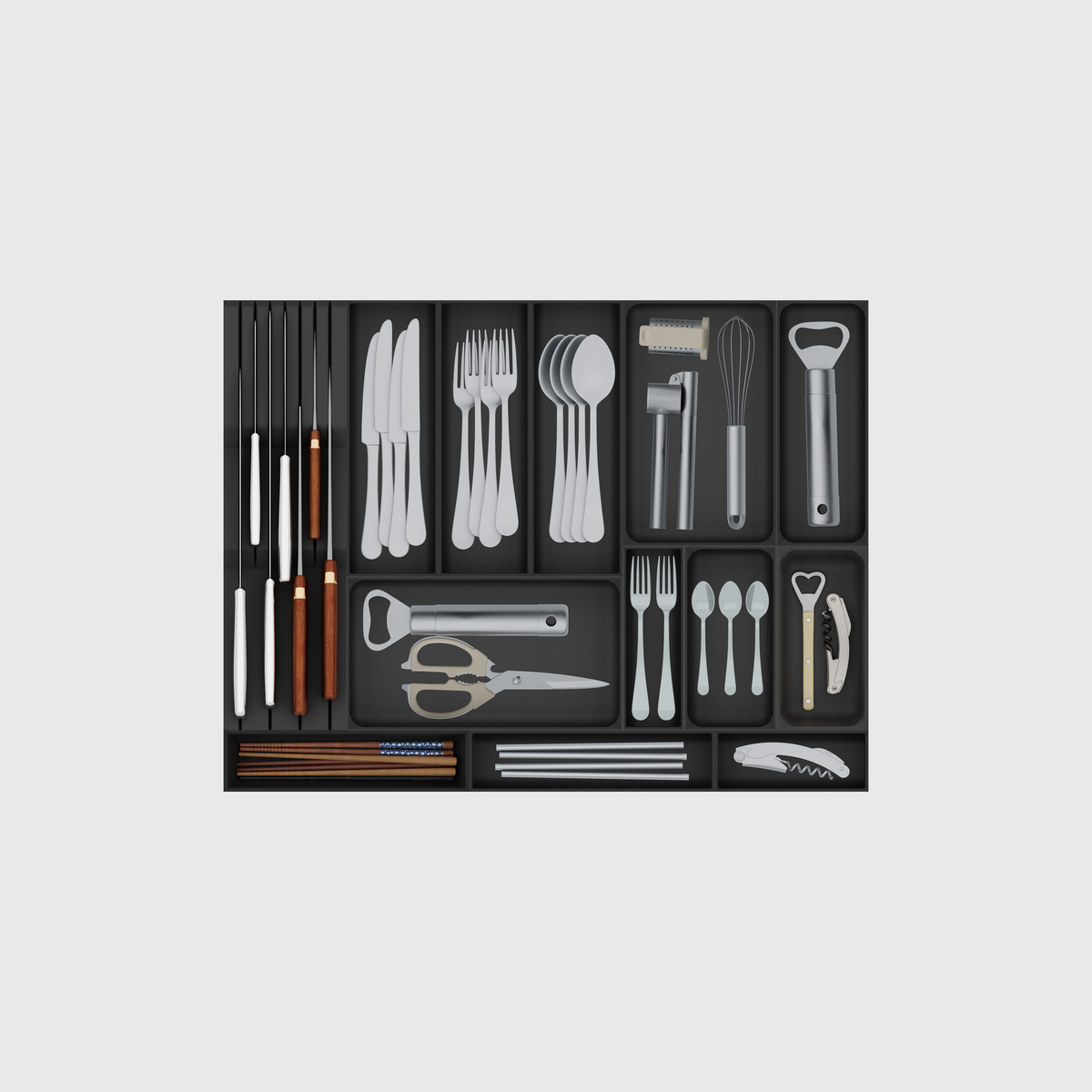 Filled 13-module cutlery and chef knife drawer organiser set in Charcoal Black, nominally 619.5 mm wide × 472 mm deep