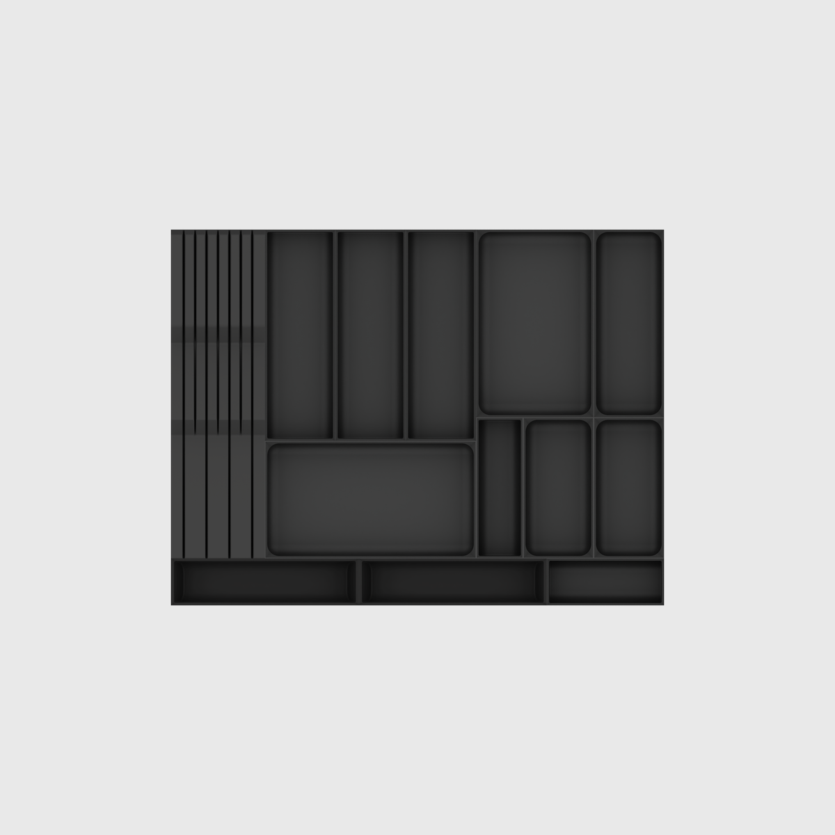 Empty 13-module cutlery and chef knife drawer organiser set in Charcoal Black, nominally 619.5 mm wide × 472 mm deep