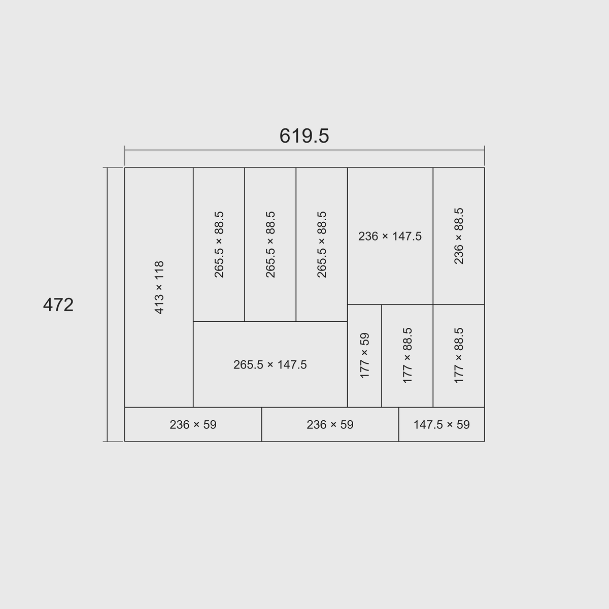 Nominal grid footprint: 619.5 mm wide × 472 mm deep, each module's overall length × width in millimetres, 29.5 mm per grid cell