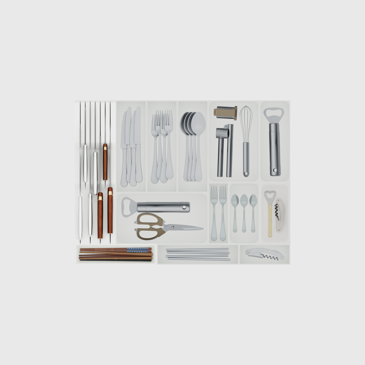 Filled 13-module cutlery and chef knife drawer organiser set in Cotton White, nominally 619.5 mm wide × 472 mm deep
