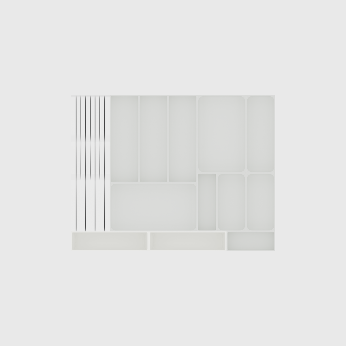 Empty 13-module cutlery and chef knife drawer organiser set in Cotton White, nominally 619.5 mm wide × 472 mm deep