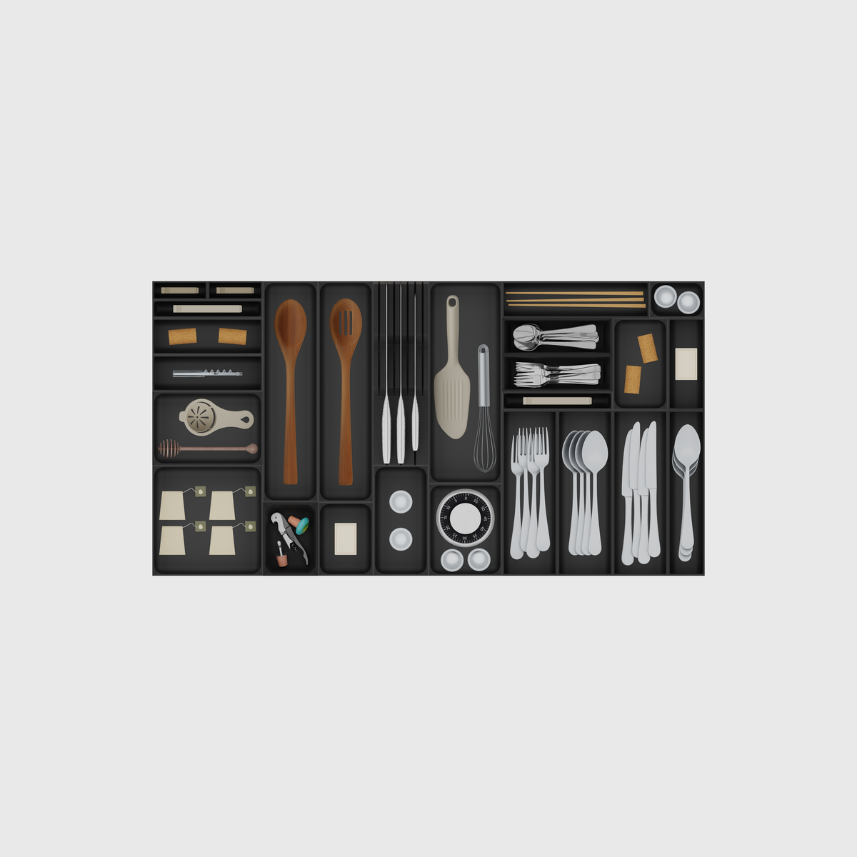 Wide Cutlery, Knives & Kitchen Tools in Charcoal Black, 885 mm wide × 472 mm deep. Utensils shown are illustrative and not included.
