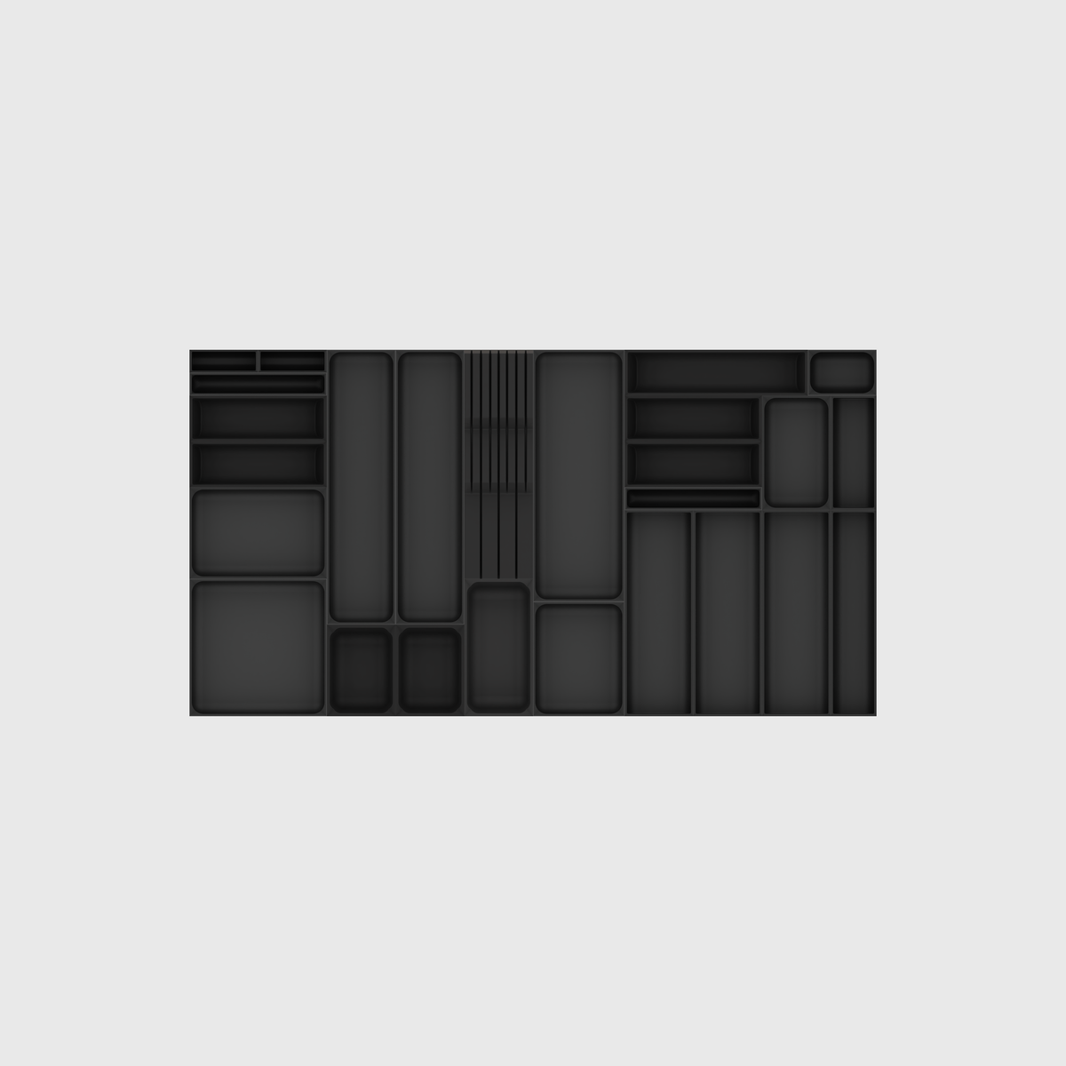 Empty Wide Cutlery, Knives & Kitchen Tools layout in Charcoal Black, 885 mm wide × 472 mm deep, showing the organiser modules.