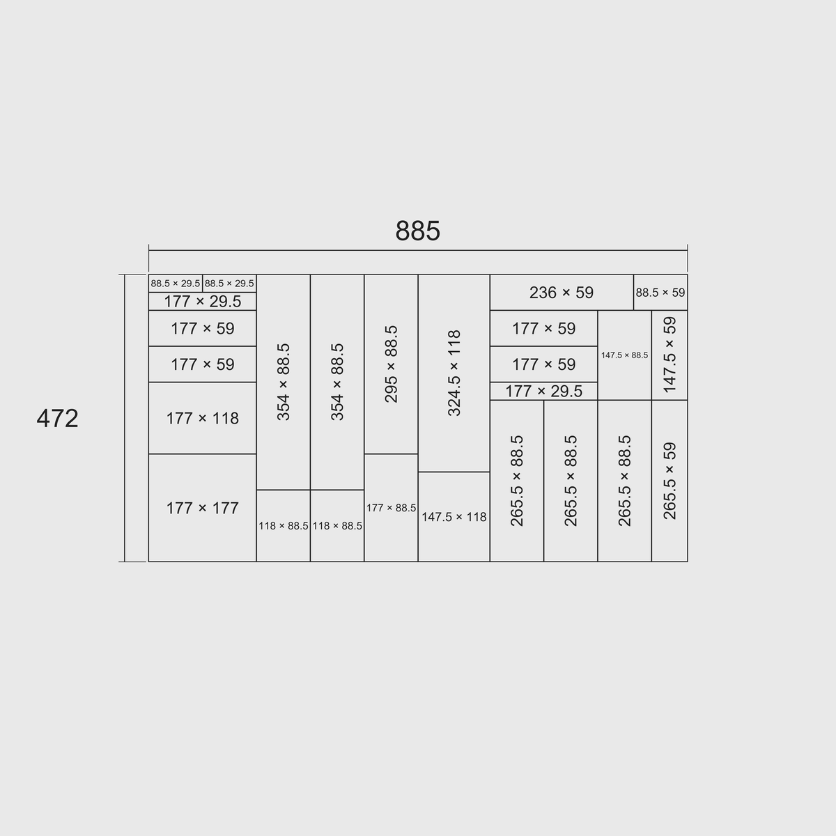 Nominal grid-footprint diagram for Wide Cutlery, Knives & Kitchen Tools: overall 885 mm width × 472 mm length, with each whole module’s length × width in millimetres on the 29.5 mm grid.