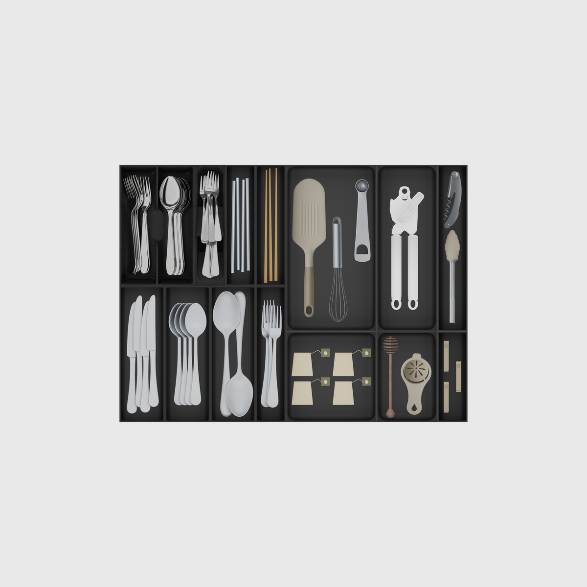 Charcoal Black wide cutlery and kitchen tool drawer organiser set, 14 modules on a nominal 678.5 × 501.5 mm grid; utensils shown for illustration