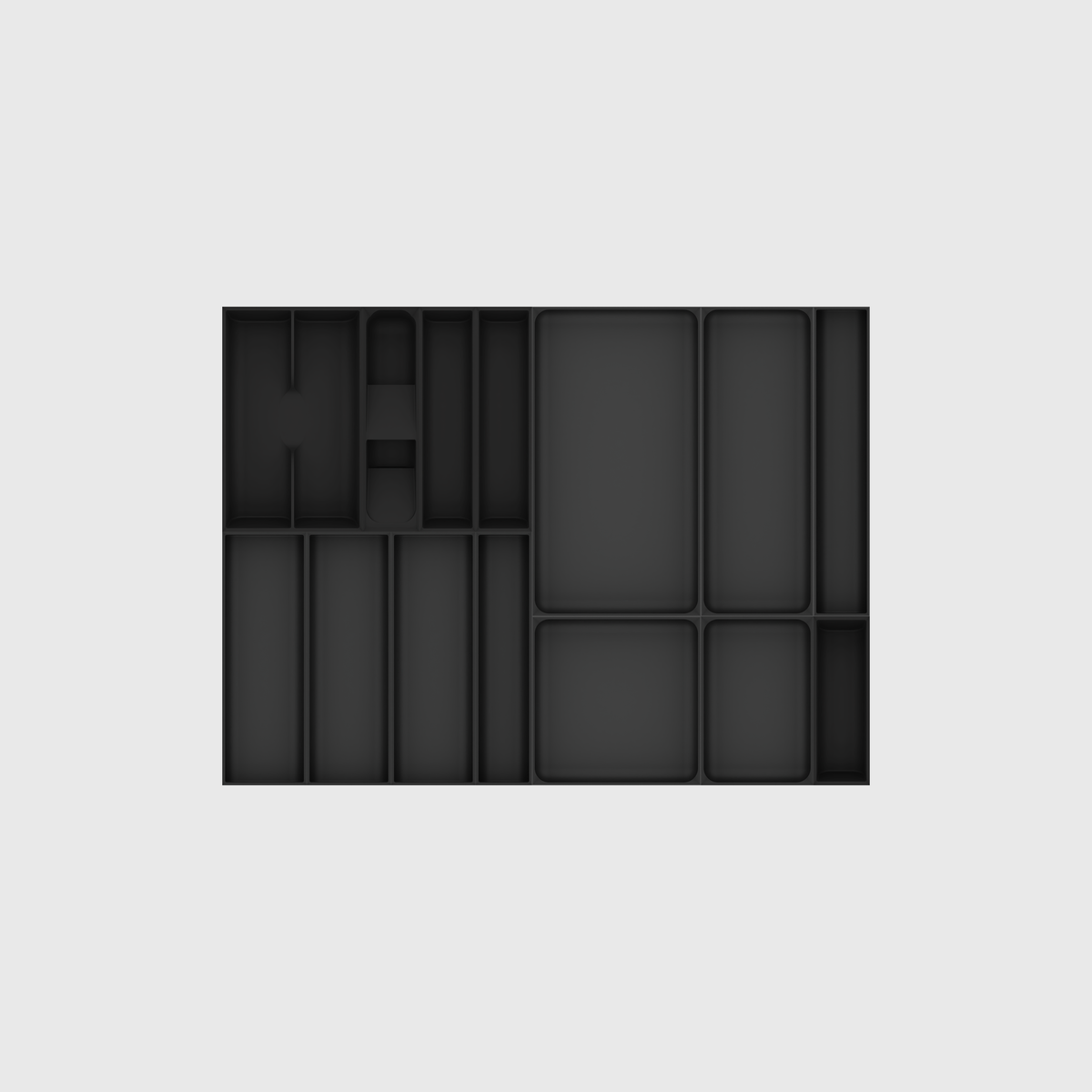 Empty Charcoal Black 14-module drawer organiser set on a nominal 678.5 × 501.5 mm grid