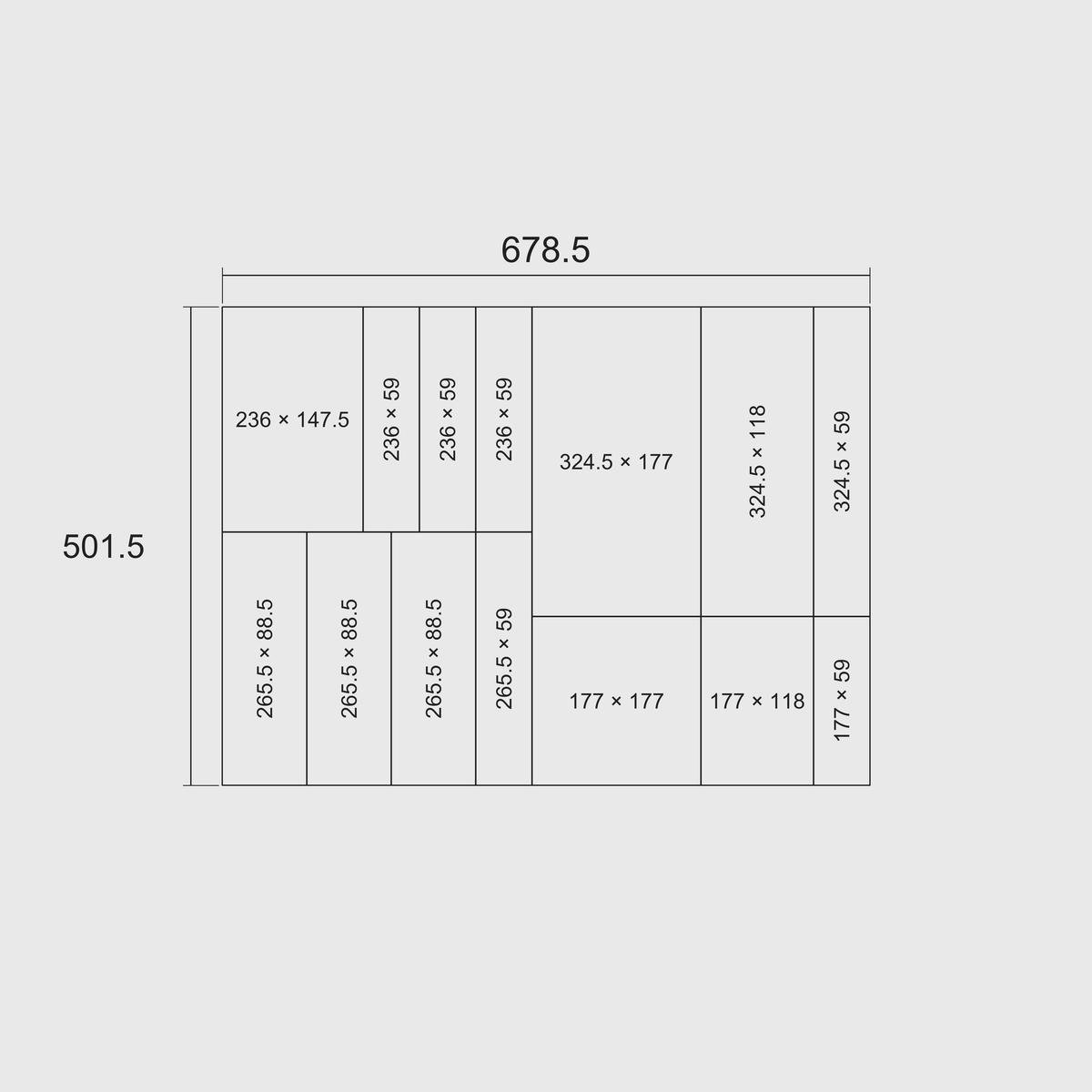 Plain footprint diagram of 14 whole modules, showing nominal grid length × width in millimetres; overall 678.5 mm wide × 501.5 mm deep