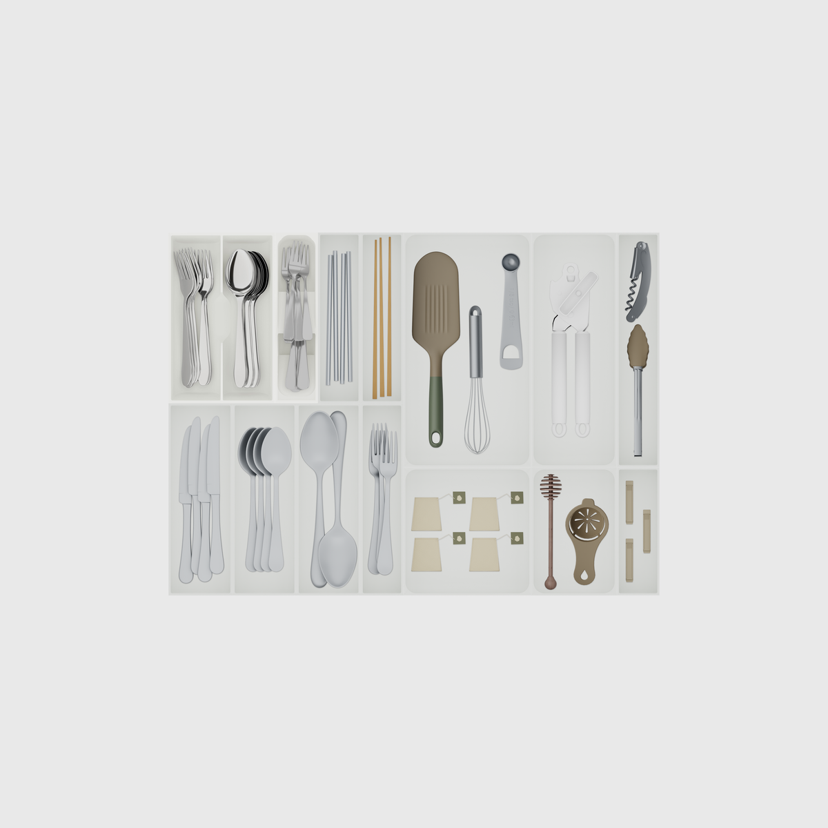 Cotton White wide cutlery and kitchen tool drawer organiser set, 14 modules on a nominal 678.5 × 501.5 mm grid; utensils shown for illustration