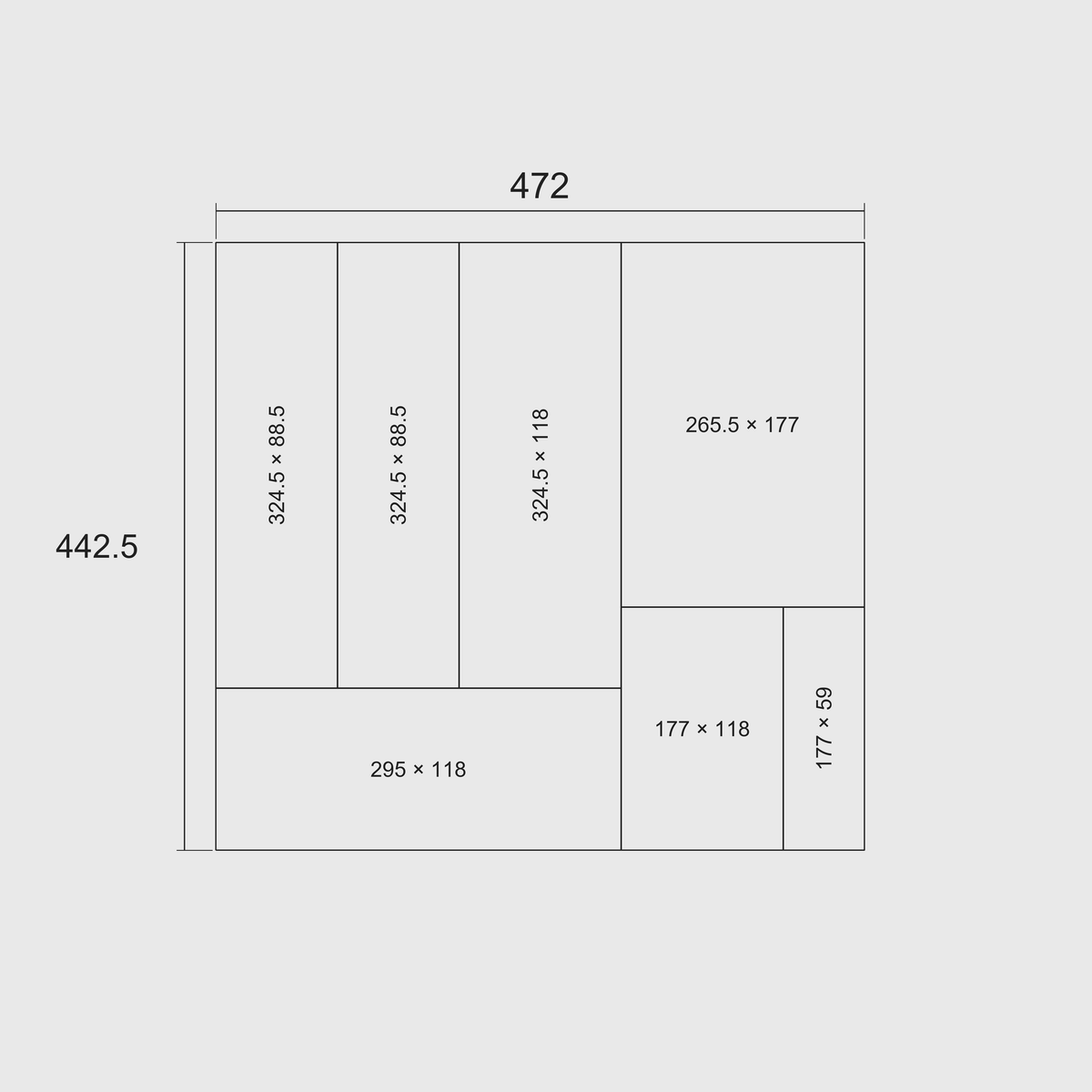 Wide Kitchen Tool Set, 442.5 × 472 mm — Charcoal Black nominal grid dimensions of the set and each whole module, in millimetres
