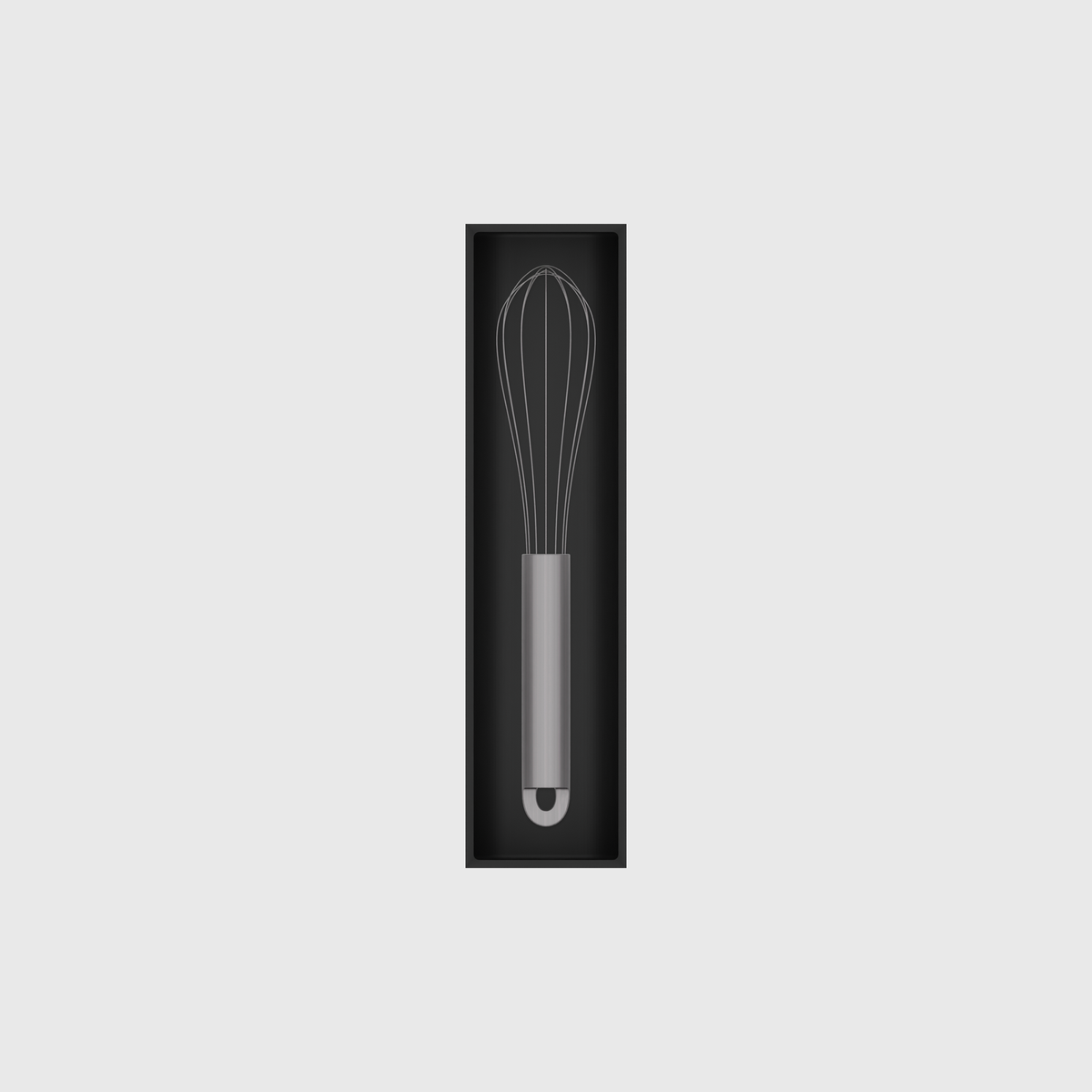 Slim tray organiser – 8x2 (236 × 59 mm) in Charcoal Black, shown with a compact steel whisk