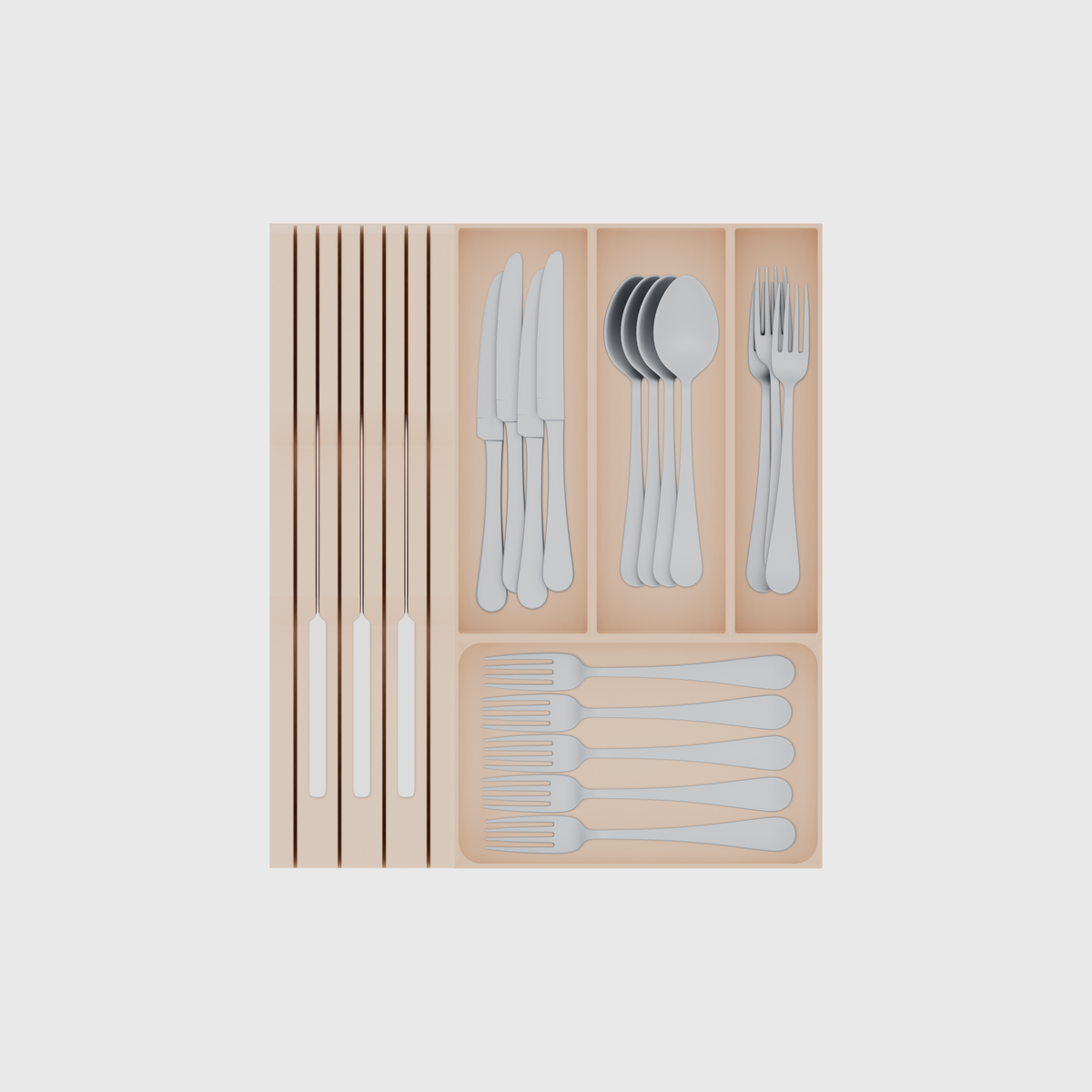 Compact Cutlery & Chef Knife Drawer Organiser Set – 354 × 413 mm in Army Beige, shown with 3 kitchen knives, 4 dinner knives, 4 soup spoons and other small items. Top view.