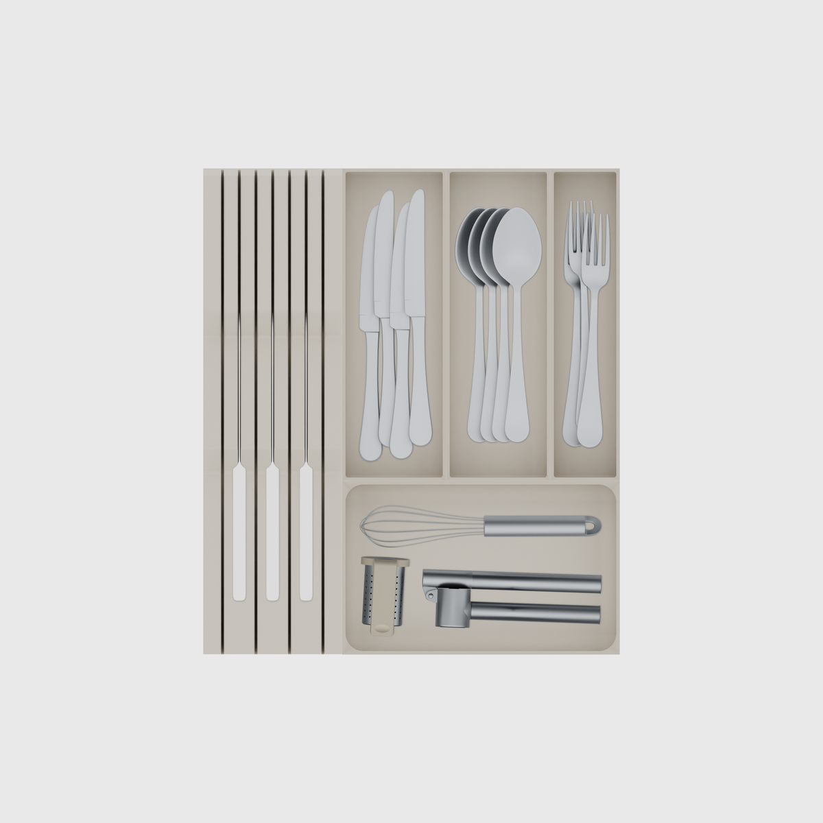 Compact Cutlery & Chef Knife Drawer Organiser Set – 354 × 413 mm in Muted White, shown with 3 kitchen knives, 4 dinner knives, 4 soup spoons and other small items. Top view.