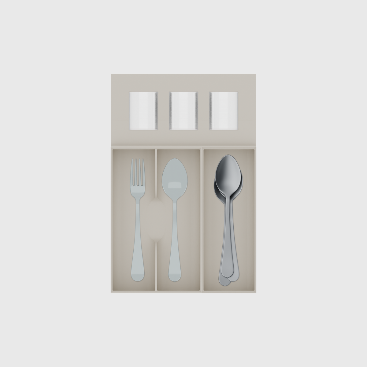 Compact Cutlery & Spice Drawer Organiser Set – 354 × 236 mm in Muted White, shown with 3 round metal tins, a dinner fork and a soup spoon, soup spoons. Top view.