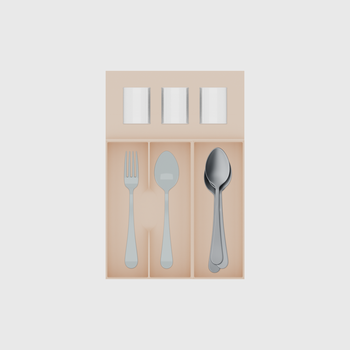 Compact Cutlery & Spice Drawer Organiser Set – 354 × 236 mm in Army Beige, shown with 3 round metal tins, a dinner fork and a soup spoon, soup spoons. Top view.