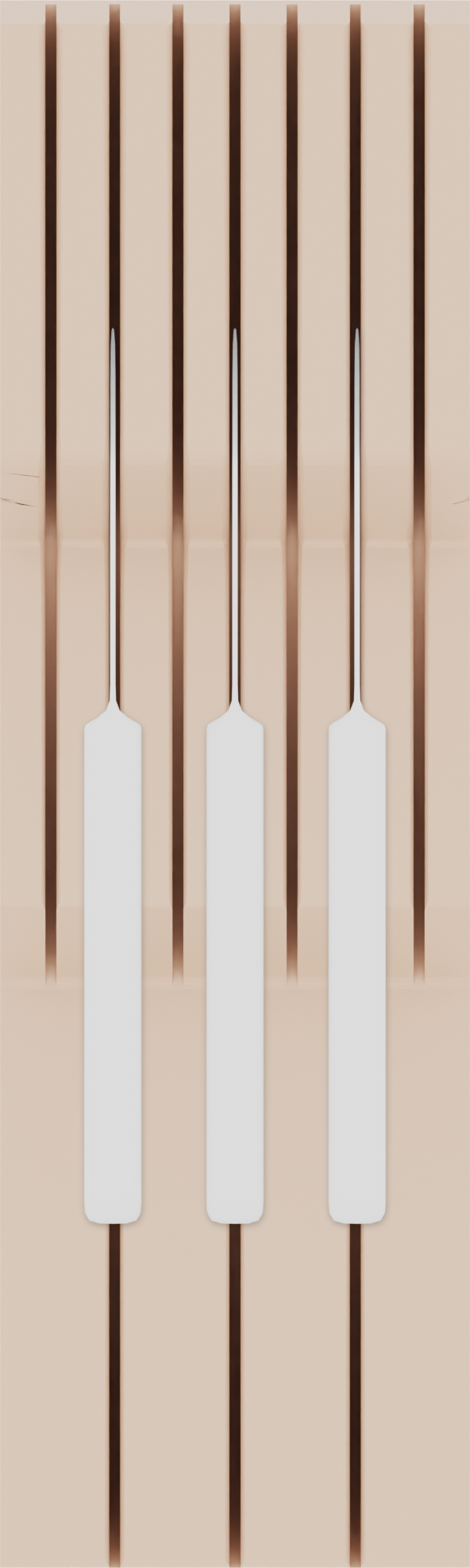 Knife block organiser – 10×3 (295 × 88.5 mm) in Army Beige, shown with 3 kitchen knives. Top view.