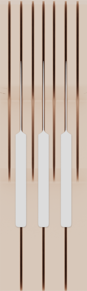 Knife block organiser – 10×3 (295 × 88.5 mm) in Army Beige, shown with 3 kitchen knives. Top view.