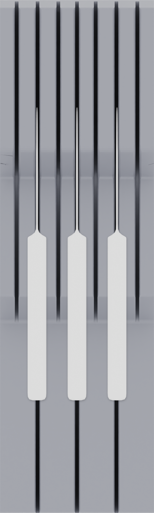 Knife block organiser – 10×3 (295 × 88.5 mm) in Fossil Grey, shown with 3 kitchen knives. Top view.