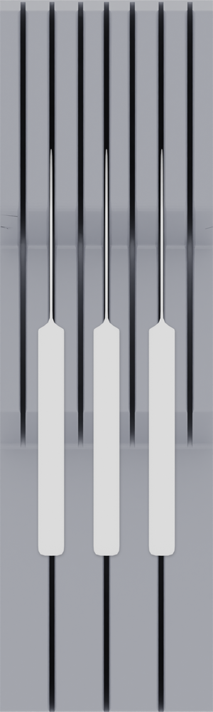 Knife block organiser – 10×3 (295 × 88.5 mm) in Fossil Grey, shown with 3 kitchen knives. Top view.
