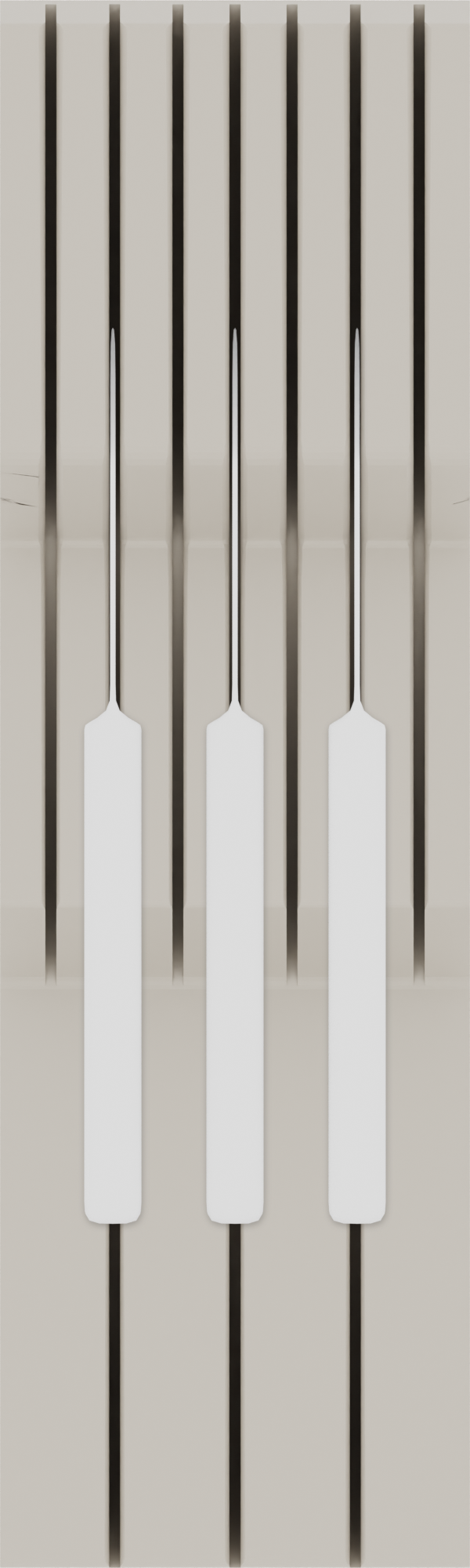 Knife block organiser – 10×3 (295 × 88.5 mm) in Muted White, shown with 3 kitchen knives. Top view.