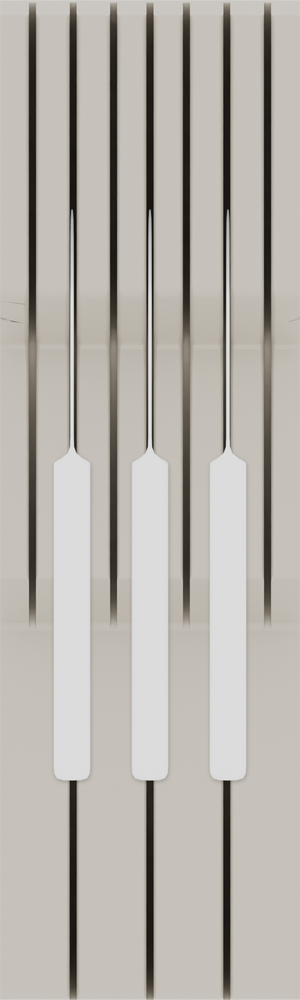 Knife block organiser – 10×3 (295 × 88.5 mm) in Muted White, shown with 3 kitchen knives. Top view.