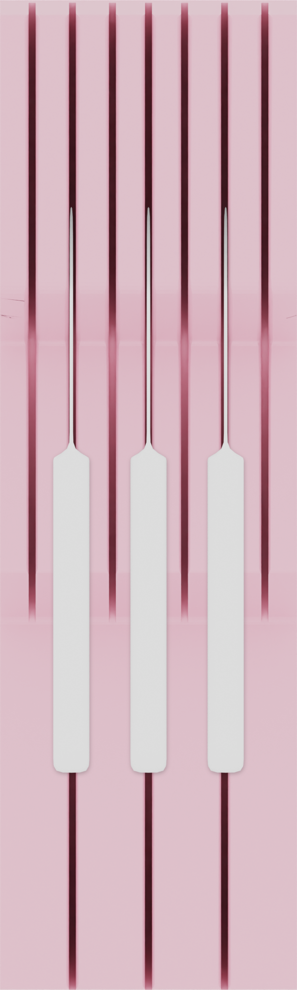 Knife block organiser – 10×3 (295 × 88.5 mm) in Sakura Pink, shown with 3 kitchen knives. Top view.