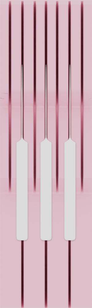 Knife block organiser – 10×3 (295 × 88.5 mm) in Sakura Pink, shown with 3 kitchen knives. Top view.