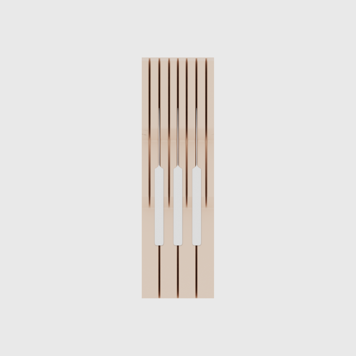 Knife block organiser – 10×3 (295 × 88.5 mm) in Army Beige, shown with 3 kitchen knives. Top view.