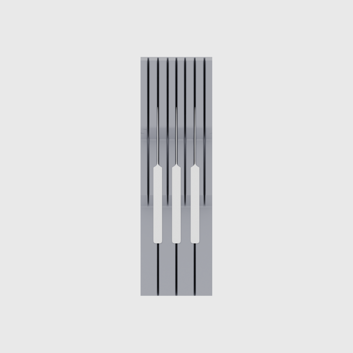 Knife block organiser – 10×3 (295 × 88.5 mm) in Fossil Grey, shown with 3 kitchen knives. Top view.