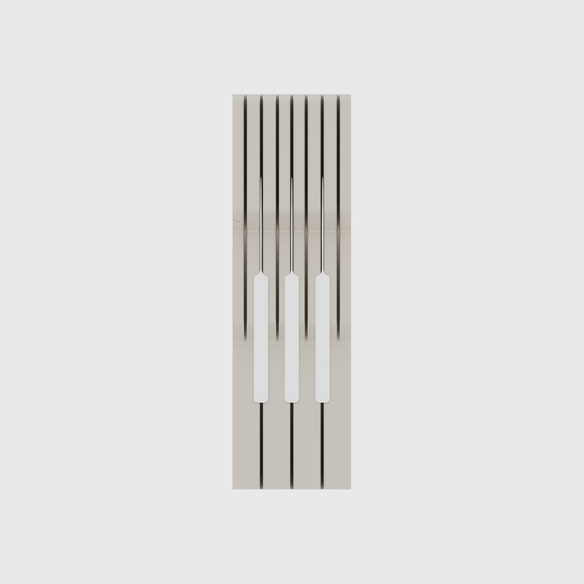 Knife block organiser – 10×3 (295 × 88.5 mm) in Muted White, shown with 3 kitchen knives. Top view.