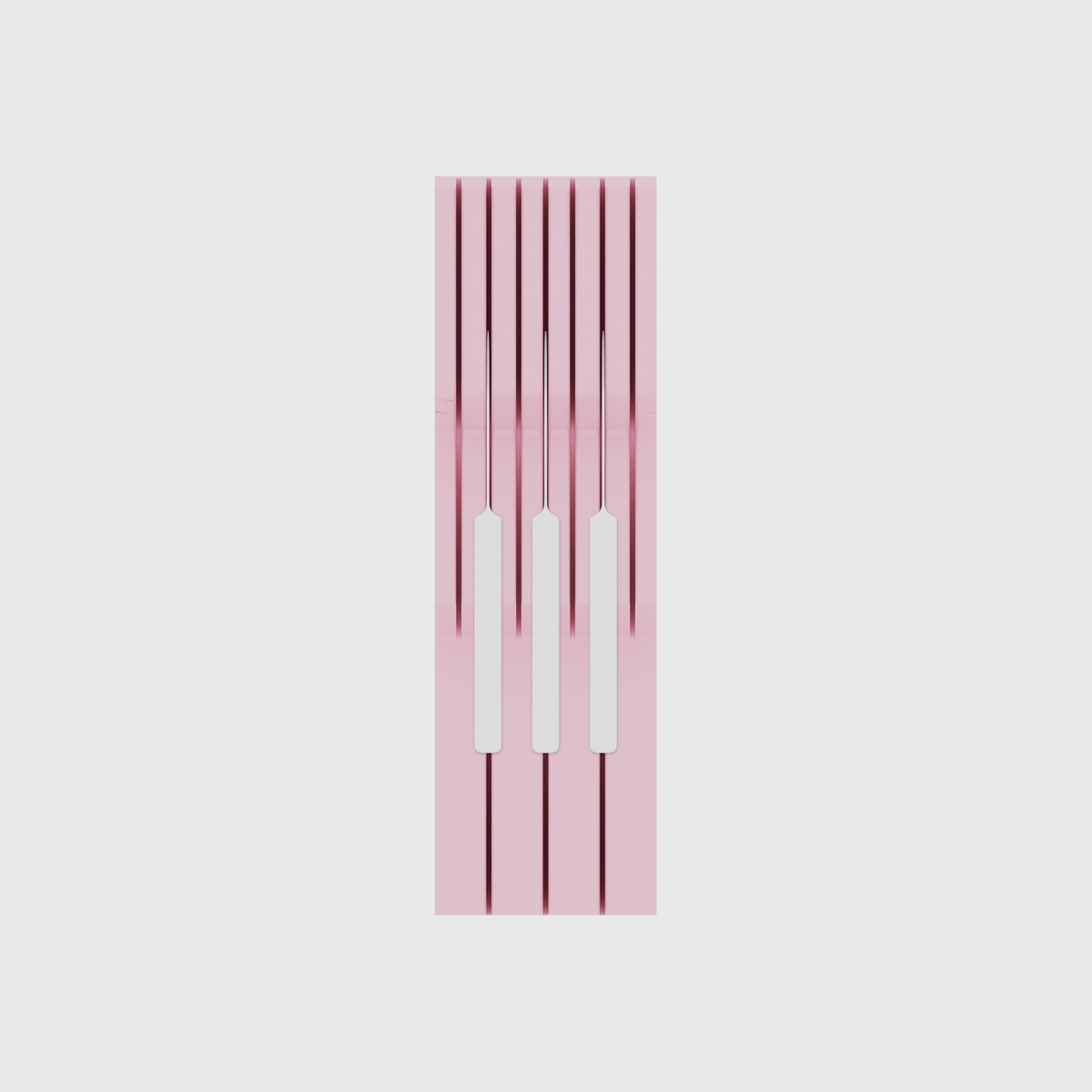 Knife block organiser – 10×3 (295 × 88.5 mm) in Sakura Pink, shown with 3 kitchen knives. Top view.