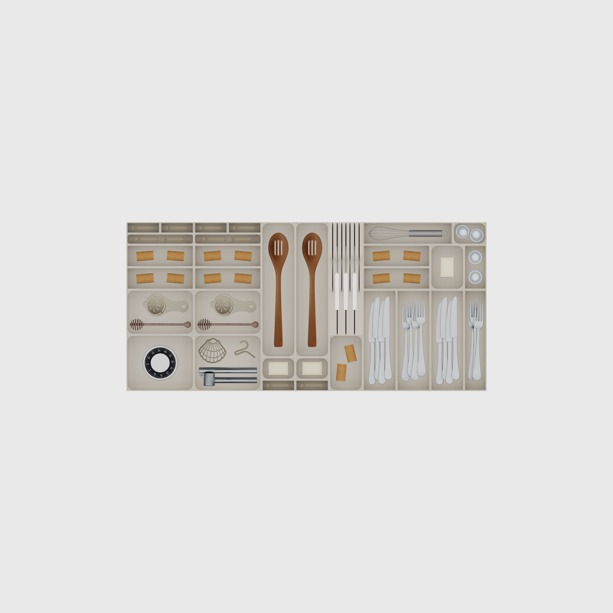 Compact Wide Cutlery & Knives Drawer Organiser Set – 944 × 442.5 mm in Muted White, shown with a sealing clip, sealing clips, wine corks and other small items. Top view.