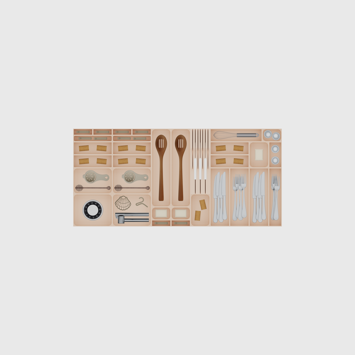Compact Wide Cutlery & Knives Drawer Organiser Set – 944 × 442.5 mm in Army Beige, shown with a sealing clip, sealing clips, wine corks and other small items. Top view.