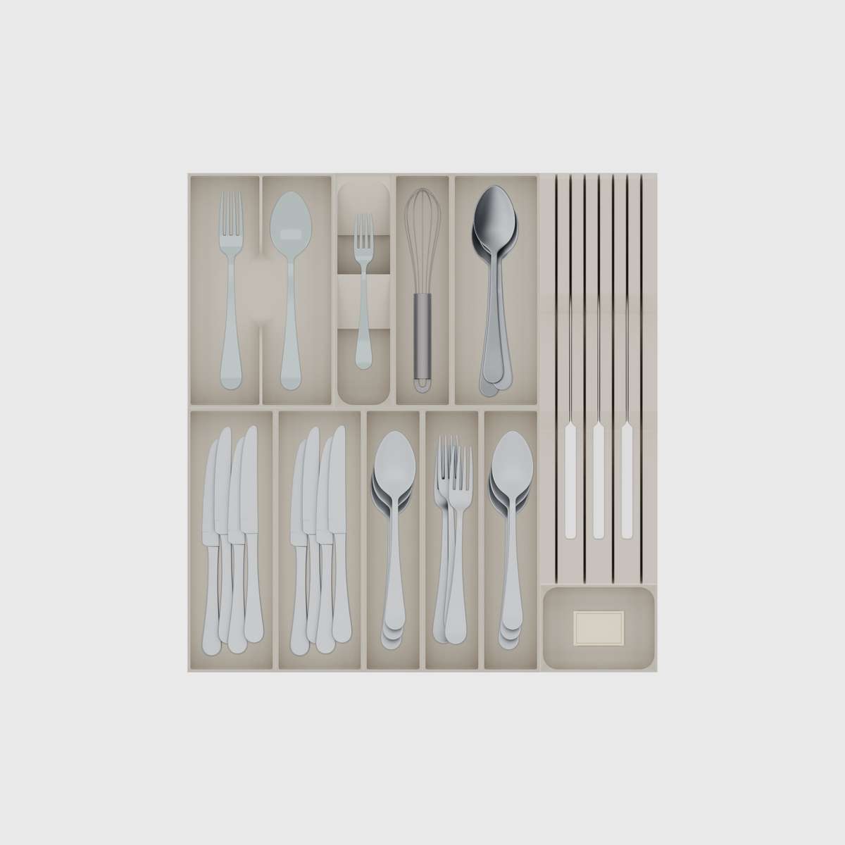 Cutlery & Chef Knives Drawer Organiser Set – 472 × 501.5 mm in Muted White, shown with a dinner fork and a soup spoon, a dessert fork, a whisk and other small items. Top view.