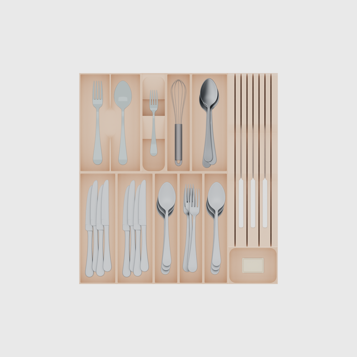 Cutlery & Chef Knives Drawer Organiser Set – 472 × 501.5 mm in Army Beige, shown with a dinner fork and a soup spoon, a dessert fork, a whisk and other small items. Top view.