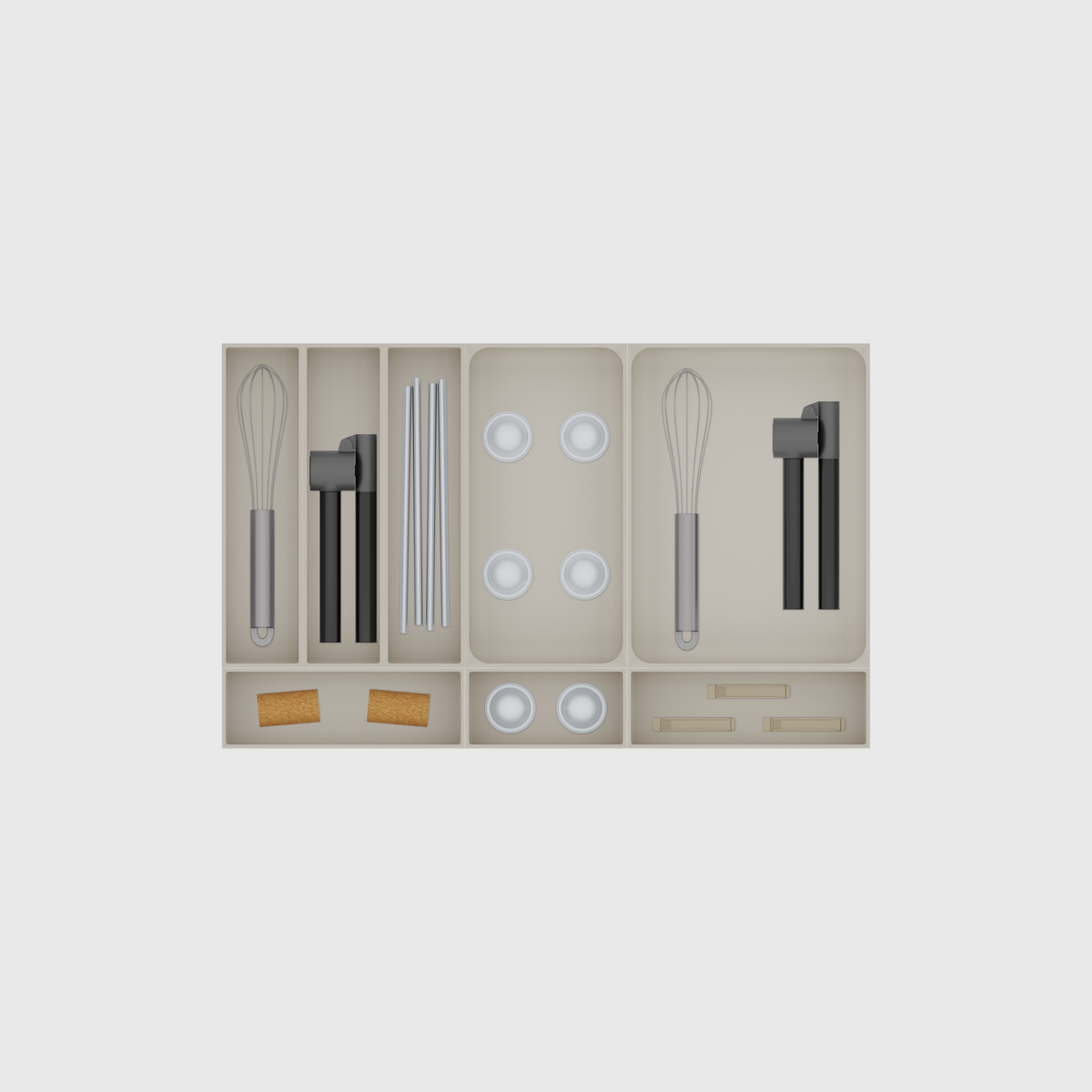 Cutlery & Kitchen Tools Drawer Organiser Set – 295 × 472 mm in Muted White, shown with a whisk, a garlic press, metal drinking straws and other small items. Top view.