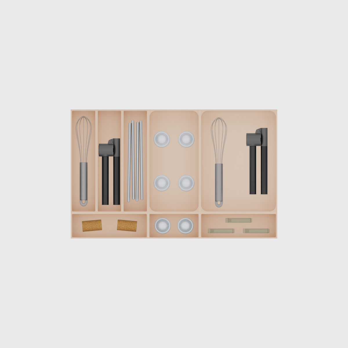 Cutlery & Kitchen Tools Drawer Organiser Set – 295 × 472 mm in Army Beige, shown with a whisk, a garlic press, metal drinking straws and other small items. Top view.